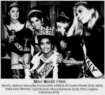 1966 Reita Faria crowned Miss World, the first Indian to win the title