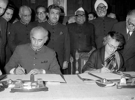 1972 Following Pakistan's surrender to India in the Indo-Pakistani War of 1971, both nations sign the historic bilateral Simla Agreement, agreeing to settle their disputes peacefully.
