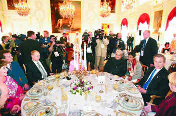 2003 India Shining Prime Minister Vajpayee has the rare honour of joining the head table at the 300th foundation day of St. Petersburg with Vladimir Putin and George W. Bush.